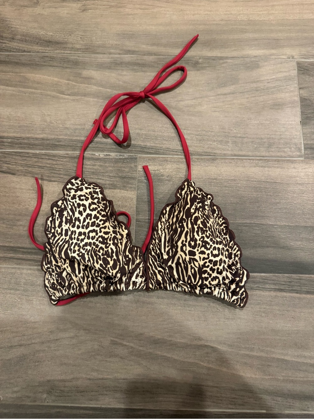 Pull & Bear Leopard Print Scalloped Triangle Bikini Top with Red Ties - C